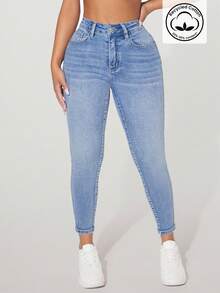 SHEIN PETITE 女士休闲街头风口袋修身牛仔裤 - 藍色 - 查看 3