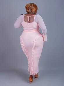 Fall Clothes For Women,WinterPlus Size Casual Vacation Solid Color Long Sleeve Top And Skirt 2 Pieces Set - Dusty Pink - View 2