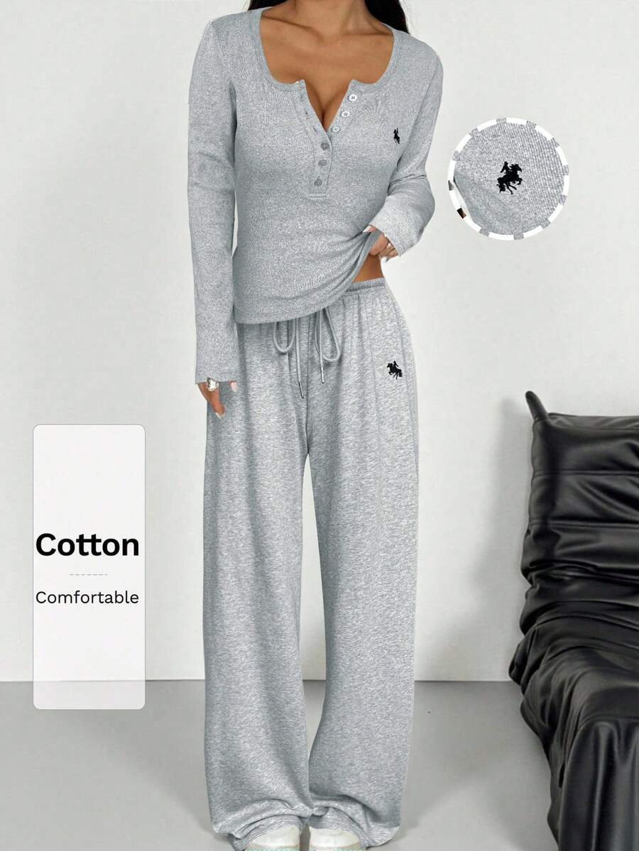 SHEIN EZwear 女款休閒針織上衣與長褲套裝,淺灰色居家服,棉質舒適兩件套,適合秋冬的舒適保暖服飾 - 淺灰色 - 查看 1