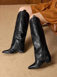 MOTF BOTAS DE MUJER DE PIEL DE PU CON REMACHES Y TACÓN DE MODA - Negro - Ver 5