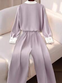 Franclia Conjunto de 2 piezas para mujer, para otoño/invierno, con cuello vuelto, mangas largas, detalles de ribete blanco en el cuello y los puños, cierre delantero con botones en la parte superior, cintura con botones y frente plisado en los pantalones, corte holgado casual y versátil - Multicolor - Ver 2