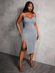 SHEIN SXY فستان حفلات أنيق وجذاب للمرأة البدينة، بحمالات واسعة، تزيين بالفتحات، ضيق، شق عالي، أسود - رمادي - مشاهدة 6