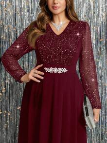 Ellevyn Plus Size Women's Elegant V-Neck Patchwork Sheer Mesh Long Sleeve Rhinestone Decor Cinched Waist Overlay Jumpsuit