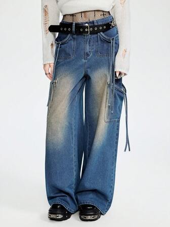 Breakform Jeans de cintura media con estilo cargo, sueltos y de moda retro para mujer