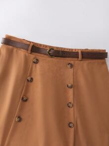 GlowEve CURVE Plus Size Women's Elegant Commuter, Decorative Button, Belt, A-Line Suede Skirt - Brown - View 4