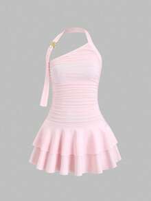 Sweetra 大码女士优雅纯色露背吊带连衣裙 - 粉色 - 查看 1