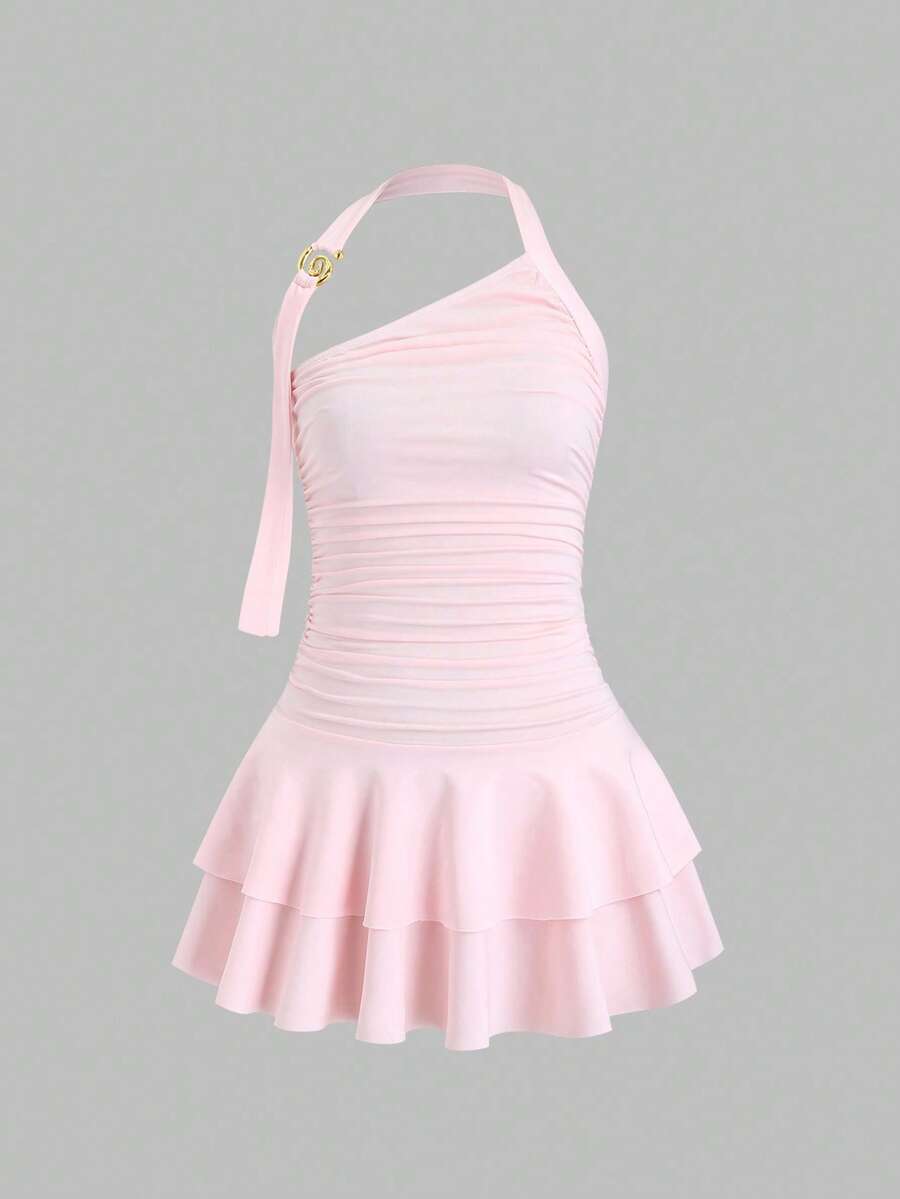 Sweetra 大码女士优雅纯色露背吊带连衣裙 - 粉色 - 查看 1