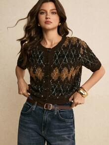 Poéselle Áo khoác cardigan tay ngắn họa tiết hình thoi dành cho nữ, áo len thanh lịch cho nữ, trang phục thường ngày, áo dành cho nữ dịp năm mới, thích hợp mặc hàng ngày, đi chơi, đi làm, mùa thu/đông, áo kiểu thanh lịch cho nữ. - Cà phê nâu - Xem 1