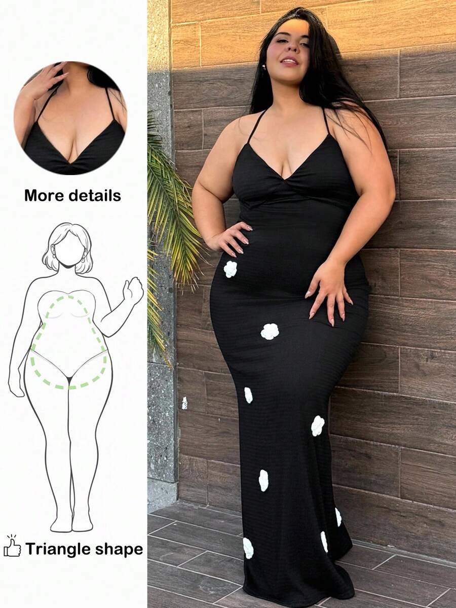 Truni Đầm bodycon hở lưng cỡ lớn có họa tiết hoa 3D - màu đen - Xem 1