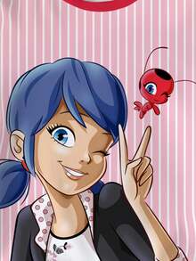 Miraculous Ladybug X SHEIN Tween Girl Striped & Cartoon Figure Graphic Round Neck Short Sleeve T-Shirt - White - View 3