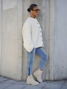 SAYEHFBABY Oversized Drop Shoulder Button Down Knit Cardigan Fall Cute Streetwear Festival Farmhouse , Country, Vintage, Fall Autumn Winter Christmas Evening Party Elegant  Winter - Cream - View 5