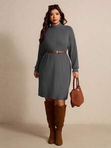 Elaquor Plus Size Solid Color Turtleneck Long Sleeve Casual Dress, Autumn/Winter - Dark Grey - View 6