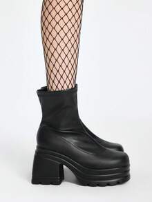ROMWE Grunge Punk 2025 年秋冬女式休闲一脚蹬高跟厚底时尚靴，搭配秋季服装、连帽衫、弹力 PU 皮革中筒黑色靴子 - 黑色 - 查看 5