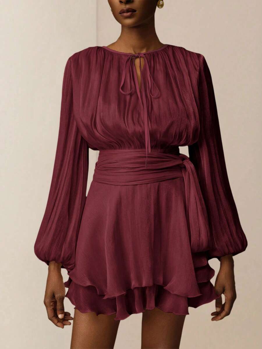 Vesra Apricot Color Tie-Up Long Sleeve Ruffle Hem Design Women's Short Dress - Dark Red - View 1