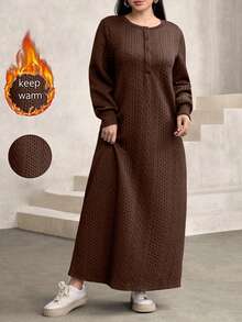 Modelyn Plus Size Women Casual Textured Fabric Round Neck Loose Long Sweatshirt, Green, Autumn/Winter - Coffee Brown - View 1
