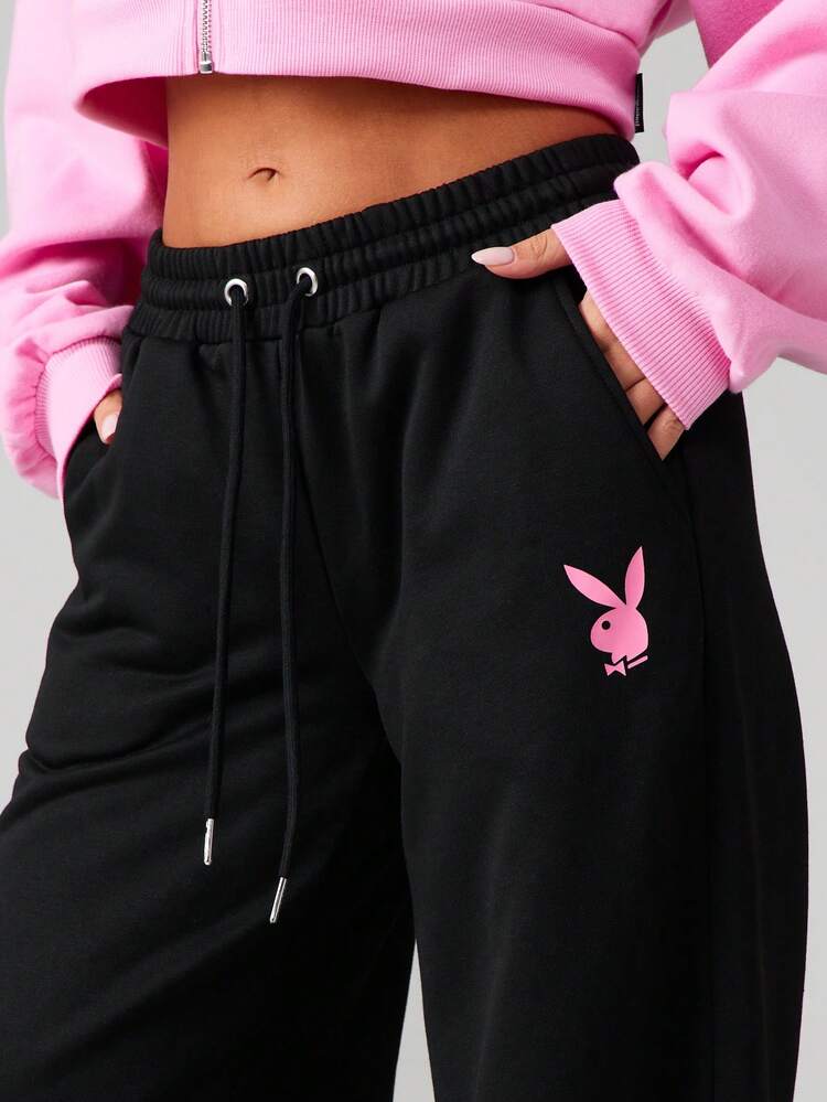Missguided x Playboy Diamante Studded Wide Leg Joggers With Drawstring Waist And Comfortable Elastic Band Perfect For Casual Daily Wear And Cozy Lounging Sessions