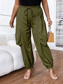 SHEIN LUNE CURVE Quần dài thoải mái, rộng rãi, màu trơn, thường ngày - màu xanh lá - Xem 4