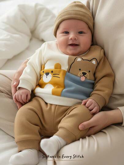 Cozy Pixies Conjunto casual de 2 piezas para recién nacido niño/niña con suéter de cuello redondo de manga larga de punto suave con parches de animales de dibujos animados y contraste de colores, y pantalones de cintura elástica