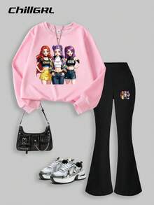 SHEIN 少女两件套 KPOP 偶像爱心印花粉色圆领卫衣搭配黑色喇叭裤，休闲时尚保暖卫衣，适合冬季日常穿着和户外玩耍 - 彩色 - 查看 3