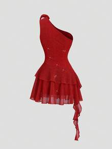 Sweetra 女士复古性感修身亮面玫瑰花红色鸡尾酒会优雅不对称肩连衣裙，春秋季 - 酒紅色 - 查看 2