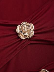 Rafferiza Women's Elegant Waist Cinched A-Line Mini Dress With Hollow-Out Metal Flower Decor - Burgundy - View 4