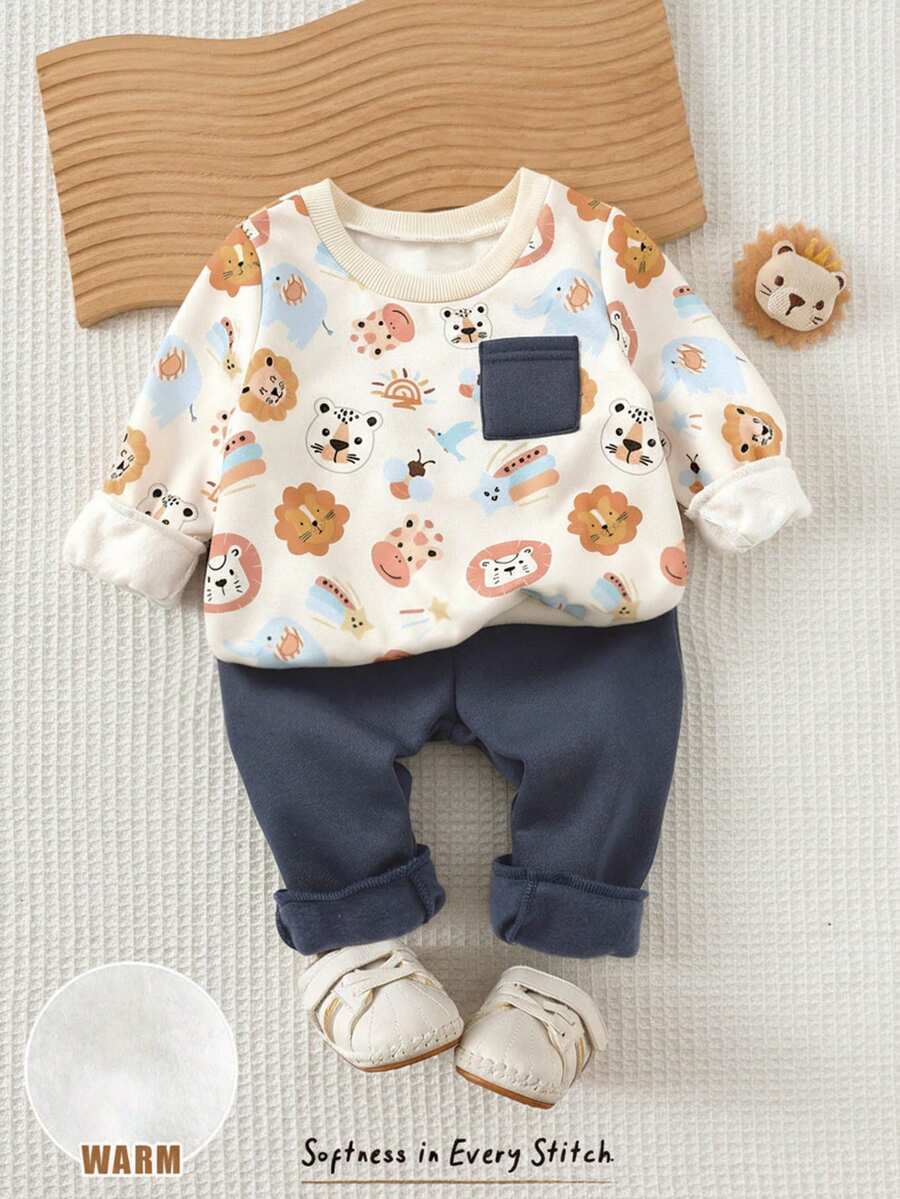 Cozy Pixies مجموعة بلوزة كنزة طويلة الأكمام بطباعة حيوانات كرتونية ناعمة وبنطلون بخصر مطاطي لطفل ولد، قطعتان - متعدد الألوان - مشاهدة 1