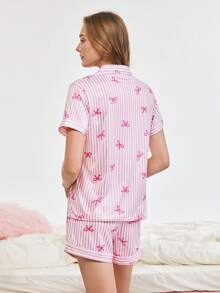 Bonmuse Stripe & Bow Print Women Short Sleeve Shorts Pajama Set