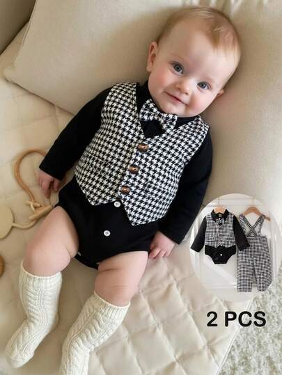 Souflis Souflis 2pcs/Set Vintage French Style Long Sleeve Collared Jumpsuit With Houndstooth Pants, Suitable For Party, School, Casual Occasions, Toddler Boys Gentleman Outfit