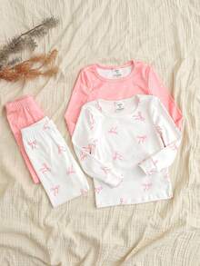 4件套女童简约可爱蝴蝶结图案长袖连体衣套装，家居服 - 彩色 - 查看 3