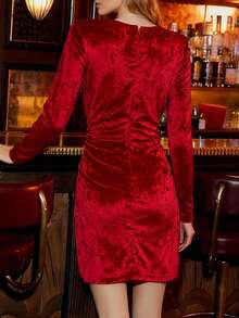 Balvessa Women's Elegant Overlap Collar Ruffle Button Decor Dress, Autumn - Red - View 2