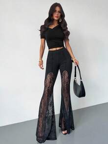SHEIN PETITE CURVE 情人节加大码女士蕾丝拼接优雅喇叭裤，适合日常生活、通勤、派对、毕业典礼、办公室、约会、春季、外出、情人节、嘉年华、婚礼及其他活动，优雅黑色裤子 - 黑色 - 查看 11