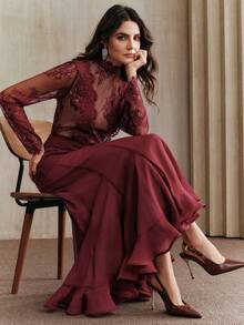 Váy dài tay ôm sát viền xếp nếp ren thêu họa tiết lãng mạn thanh lịch dành cho nữ Anewsta - Màu Đỏ Sâu - Xem 7