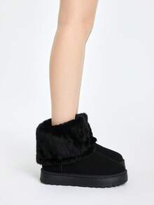 ROMWE Grunge Punk 2025 新款女式雪地靴，厚底厚底短靴，保暖内衬，休闲保暖平底中跟舒适防滑中筒靴，毛绒领口一脚蹬时尚高端，尺码偏大 - 黑色 - 查看 4