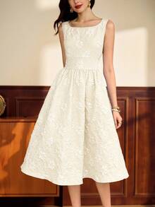 Vintamour 复古女士纯色方领口袋优雅无袖连衣裙，适合夏季度假、婚礼宾客、返校、生日等场合，优雅生日装扮，适合度假、秋季等各种场合，包括教堂礼拜、节日庆典、复古风格早午餐等。 - 杏色 - 查看 4