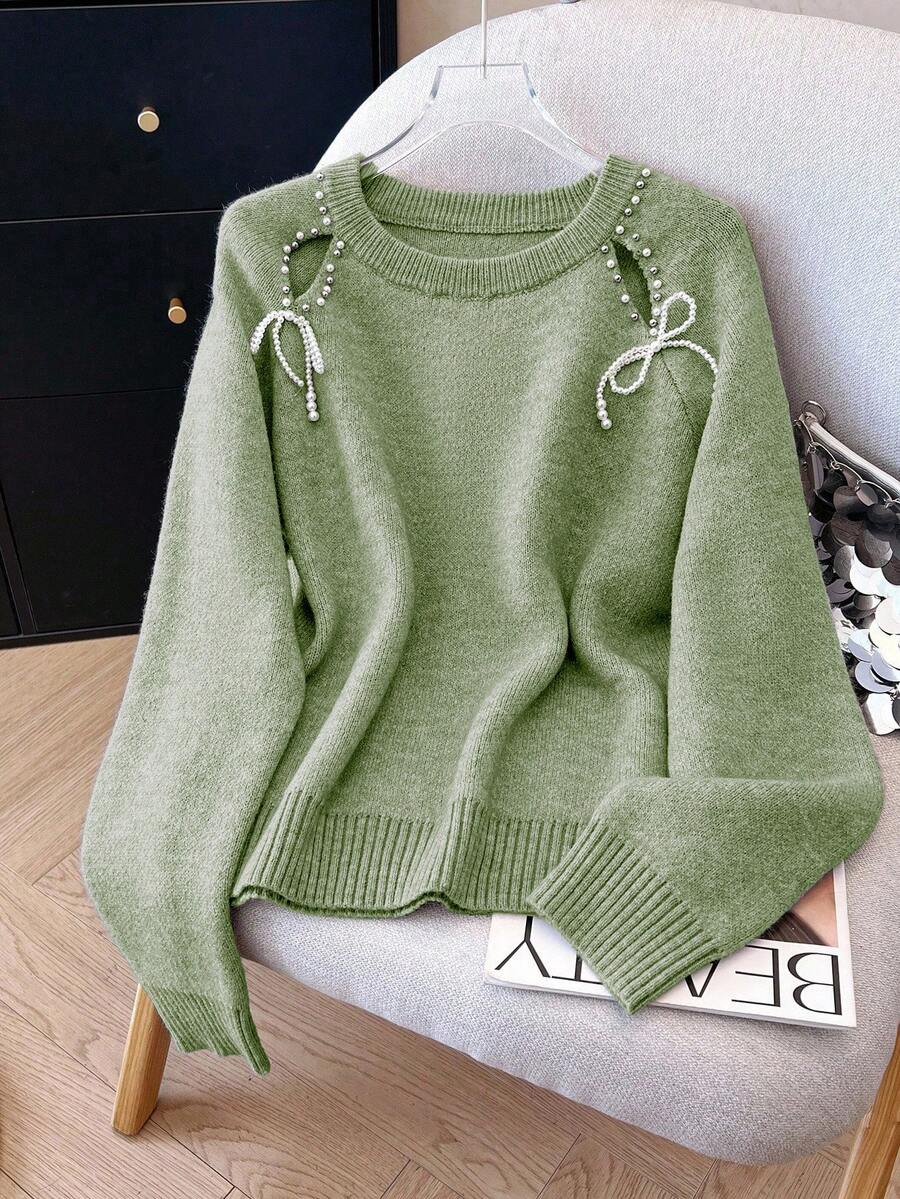SHEIN LUNE 女士法式串珠镂空落肩针织套头毛衣 - 綠色 - 查看 1