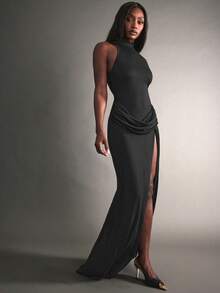 Hauture Sexy Party Night Out Elegant High Neck Sleeveless Front Slit Cocktail Maxi Dress - Black - View 1