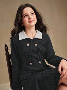 SHEIN Abrigo de lana con cuello vuelto, manga larga, doble botonadura y dobladillo con volantes en bloques de color para niña preadolescente - Negro - Ver 3