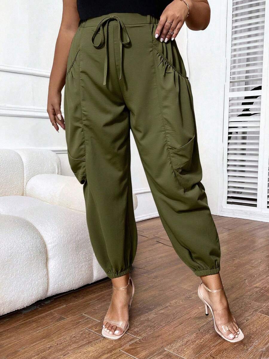 SHEIN LUNE CURVE Quần dài thoải mái, rộng rãi, màu trơn, thường ngày - màu xanh lá - Xem 1