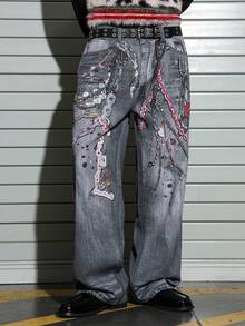 Manfinity EMRG Men's Fashion Street 3D Digital Print Straight Leg Jeans - Black - View 5