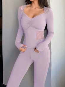 DAZY 2pcs Romantic Lace Patchwork Slim Fit Long Sleeve Top And Pants Women Pajama Set - Mauve Purple - View 3