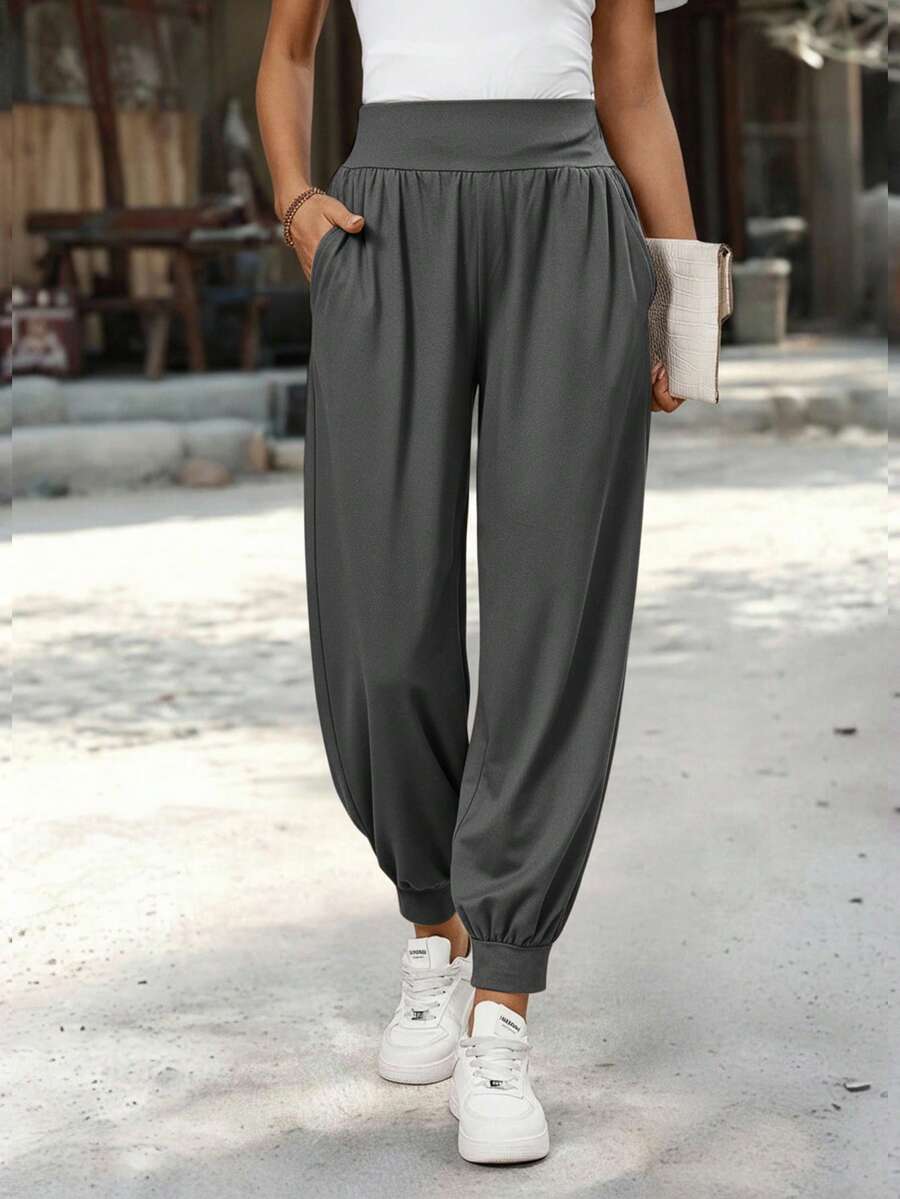 EMERY ROSE Quần dài ống rộng xếp ly màu trơn dành cho nữ, thích hợp cho việc đi lại hàng ngày - Xám - Xem 1