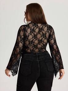 Enliva Karlangas.Toledo Plus Size Lace Bell Sleeve Tie Front Sweetheart Neck Blouse, For Apple Rounded Body Shape - Black - View 4