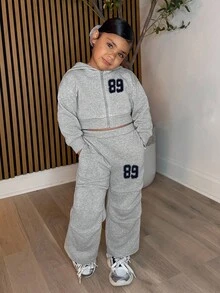 2pcs Young Girl Casual Letter Print Grey Hooded Sweatshirt Sweatshirt And Drawstring Sweatpants Set