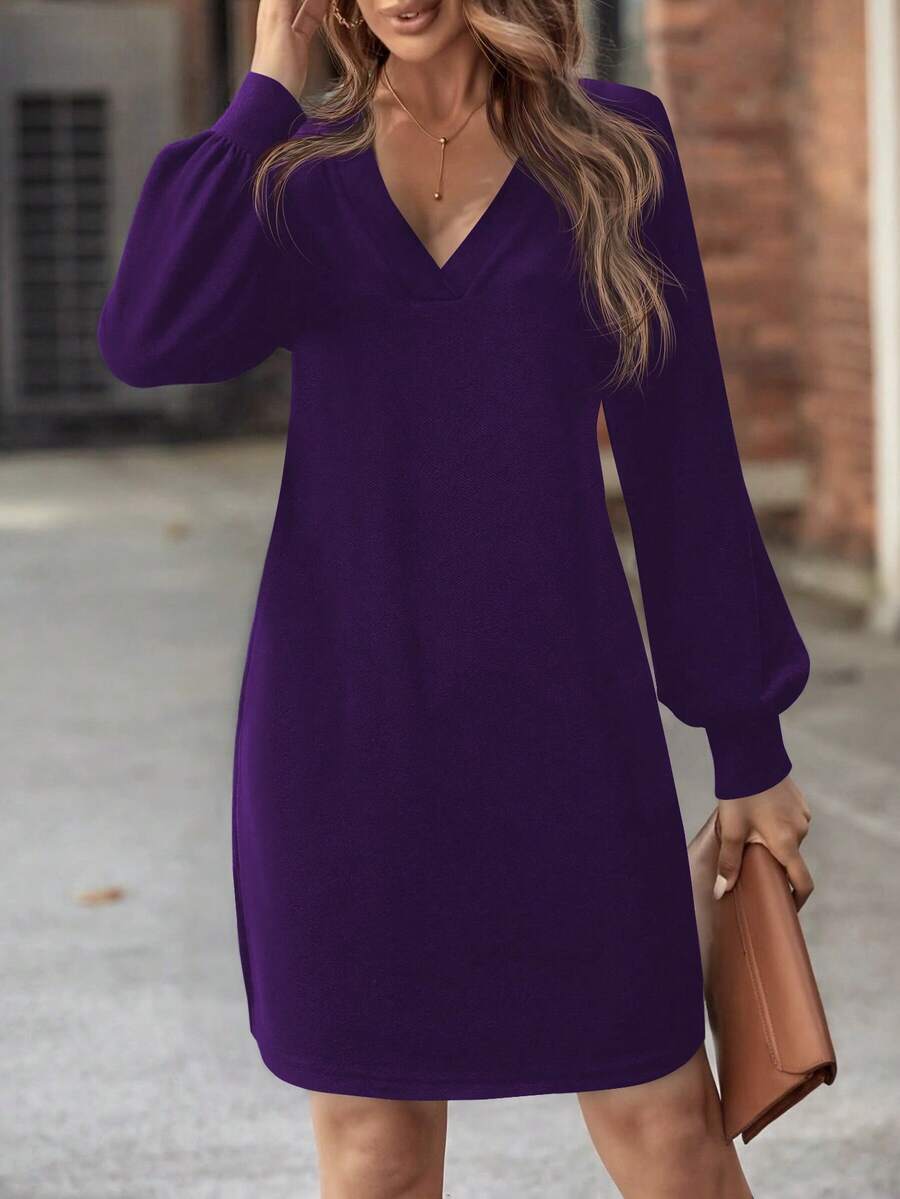 SHEIN New Style Black V-Neck Lantern Sleeve Casual Dress, Autumn - Purple - View 1