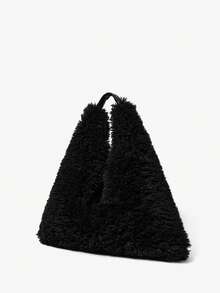 MUSERA Túi tam giác giả lông thú mềm mại, quai xách giả da - màu đen - Xem 3
