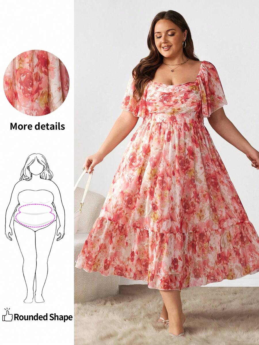 Enliva Ry2ky Plus Size Boho Vintage Women's Spring Vacation/Valentine's Day Pink Floral Print Chiffon Square Neck Chest-Ruched Ruffle Hem Long Dress, For Summer,Beach Dress Sundress,Holiday Outfits, For Apple Rounded Body Shape - Multicolor - View 1