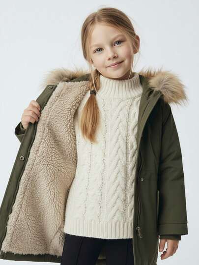 Maija Kids Maija Kids Oversized Hooded Fur Collar Drop Shoulder Long Sleeve Casual Jacket