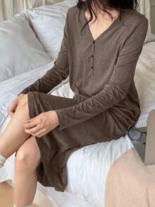 DAZY 女士休闲针织半拉链宽松长款睡裙睡衣 - 棕色 - 查看 3