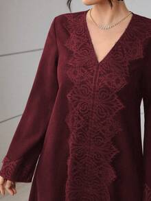Al Najma Olive Green Lace Trim Casual Everyday Arabic Style Dress For Women - Burgundy - View 3