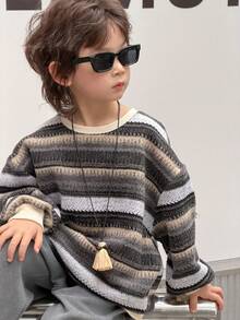 DAZY 男童休闲日常通勤撞色条纹落肩宽松卫衣，秋冬款